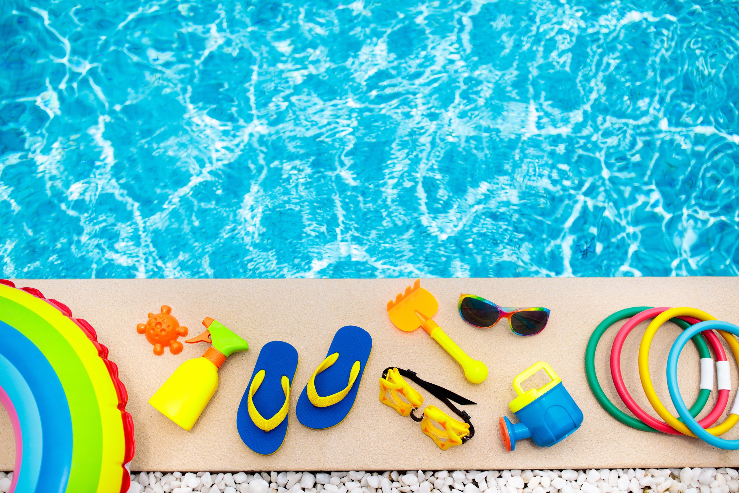 Pool and beach items flat lay. Summer vacation.